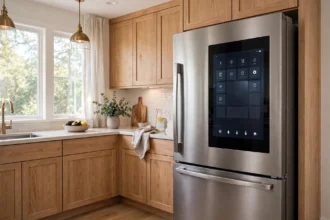 Smart fridge with a touch screen in a bright modern kitchen