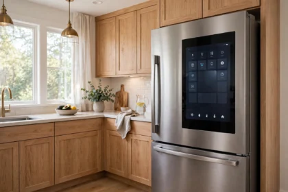 Smart fridge with a touch screen in a bright modern kitchen
