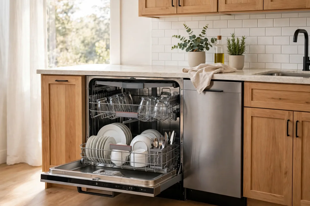 Smart dishwasher with clean dishes in a smart kitchen appliances guide