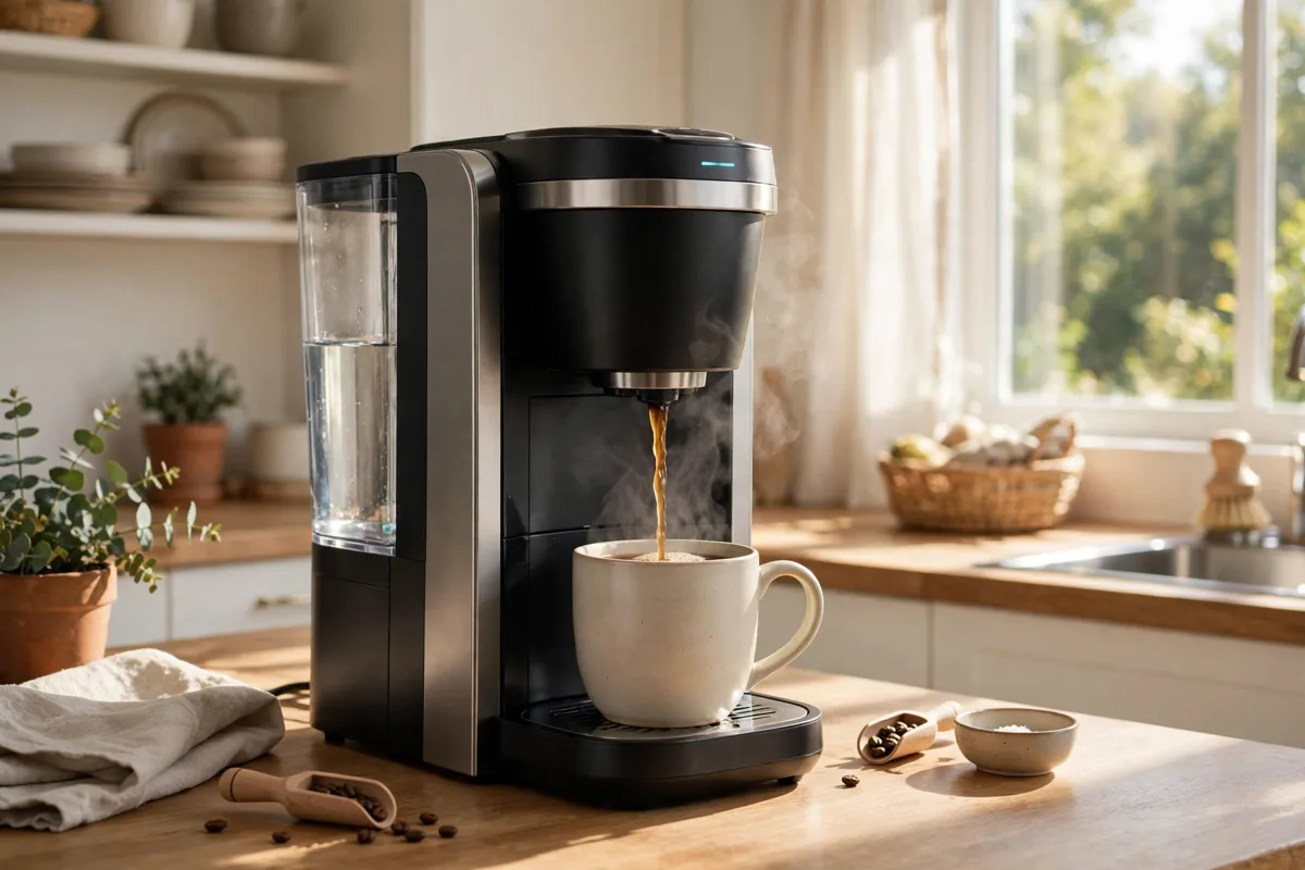 Smart coffee maker brewing in a morning smart kitchen appliances routine