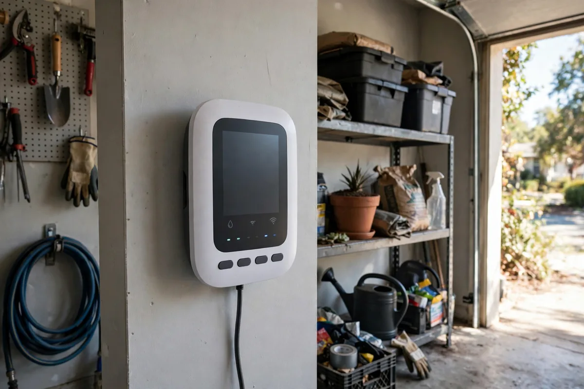 Smart sprinkler controller on a garage wall in a smart sprinkler guide