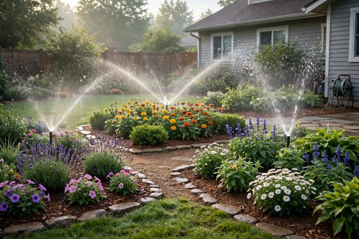 Smart sprinkler watering flower beds in a smart sprinkler guide