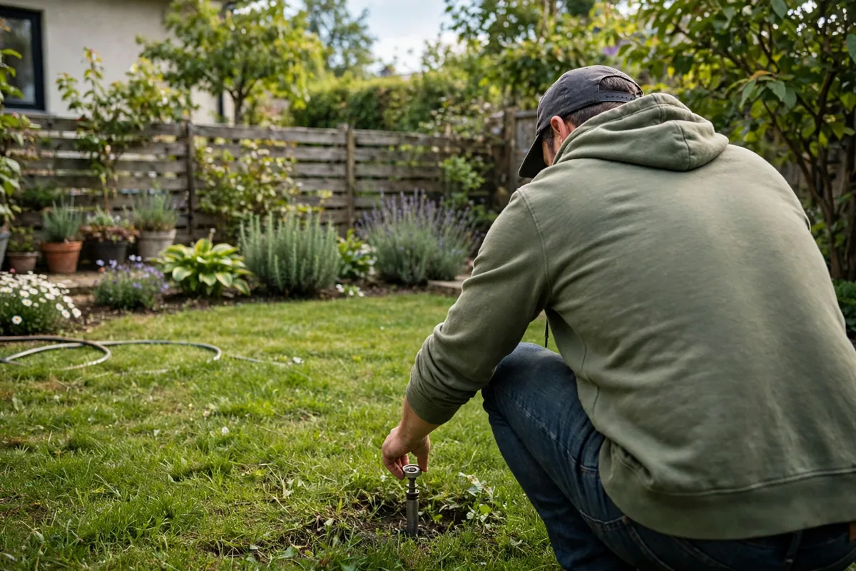 Adjusting a smart sprinkler head on a lawn