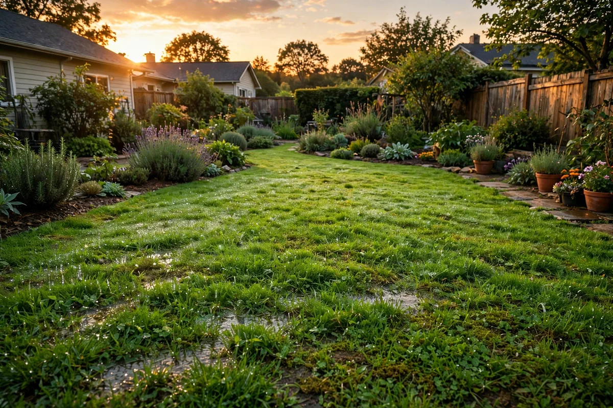 Green lawn at sunset after smart sprinkler watering