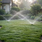 Smart sprinkler watering a green home lawn