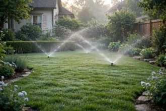 Smart sprinkler watering a green home lawn