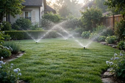 Smart sprinkler watering a green home lawn