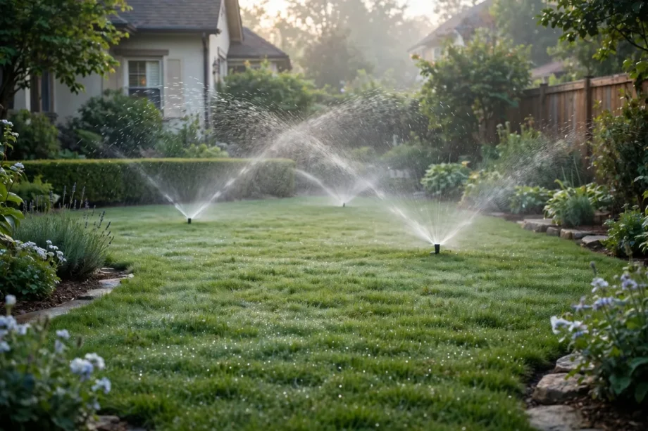 Smart sprinkler watering a green home lawn