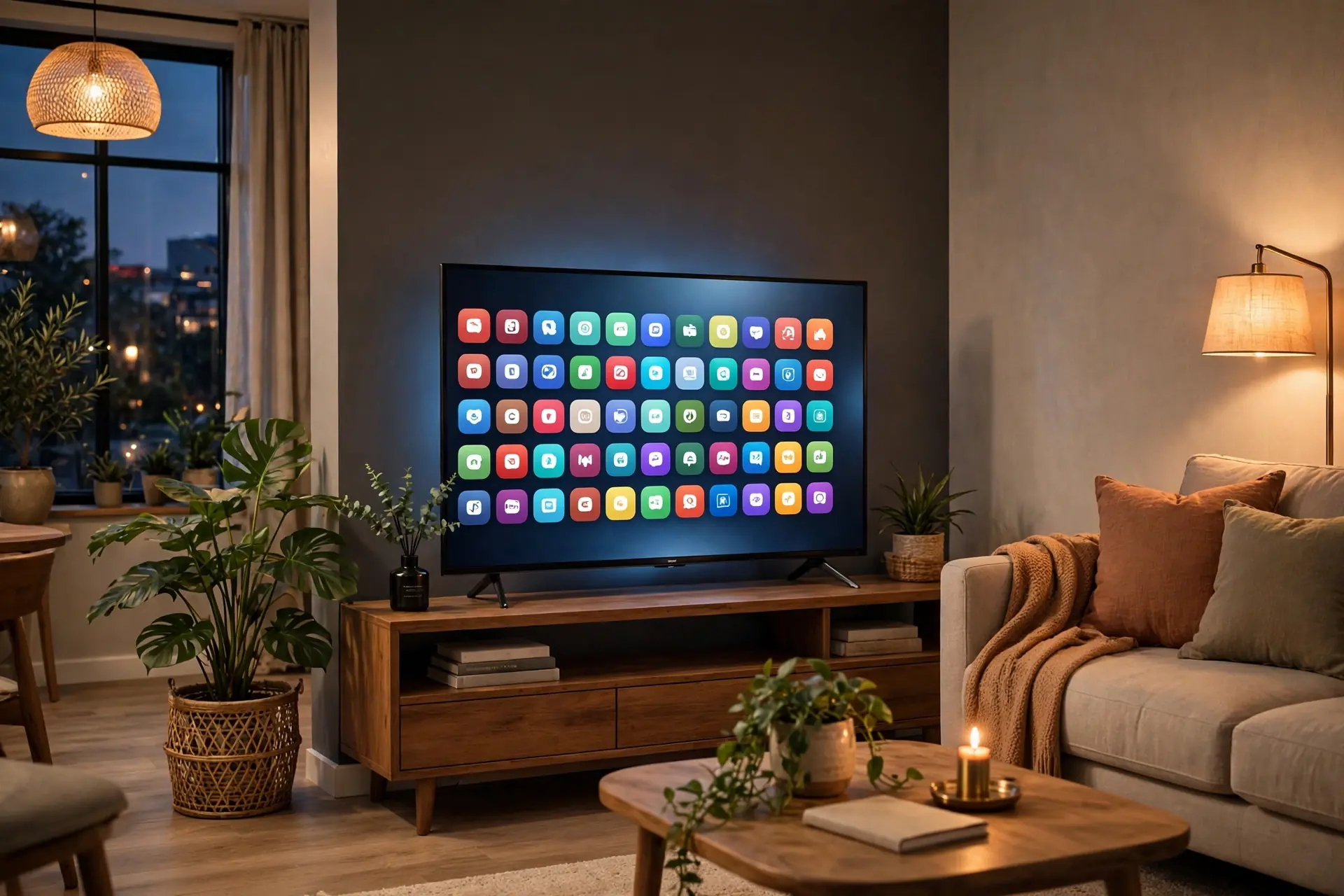 A smart TV on a living room wall showing a home screen with streaming apps