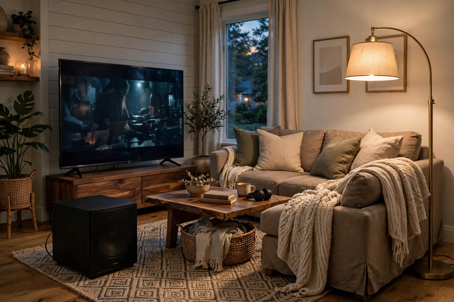 Subwoofer in the front corner of a living room