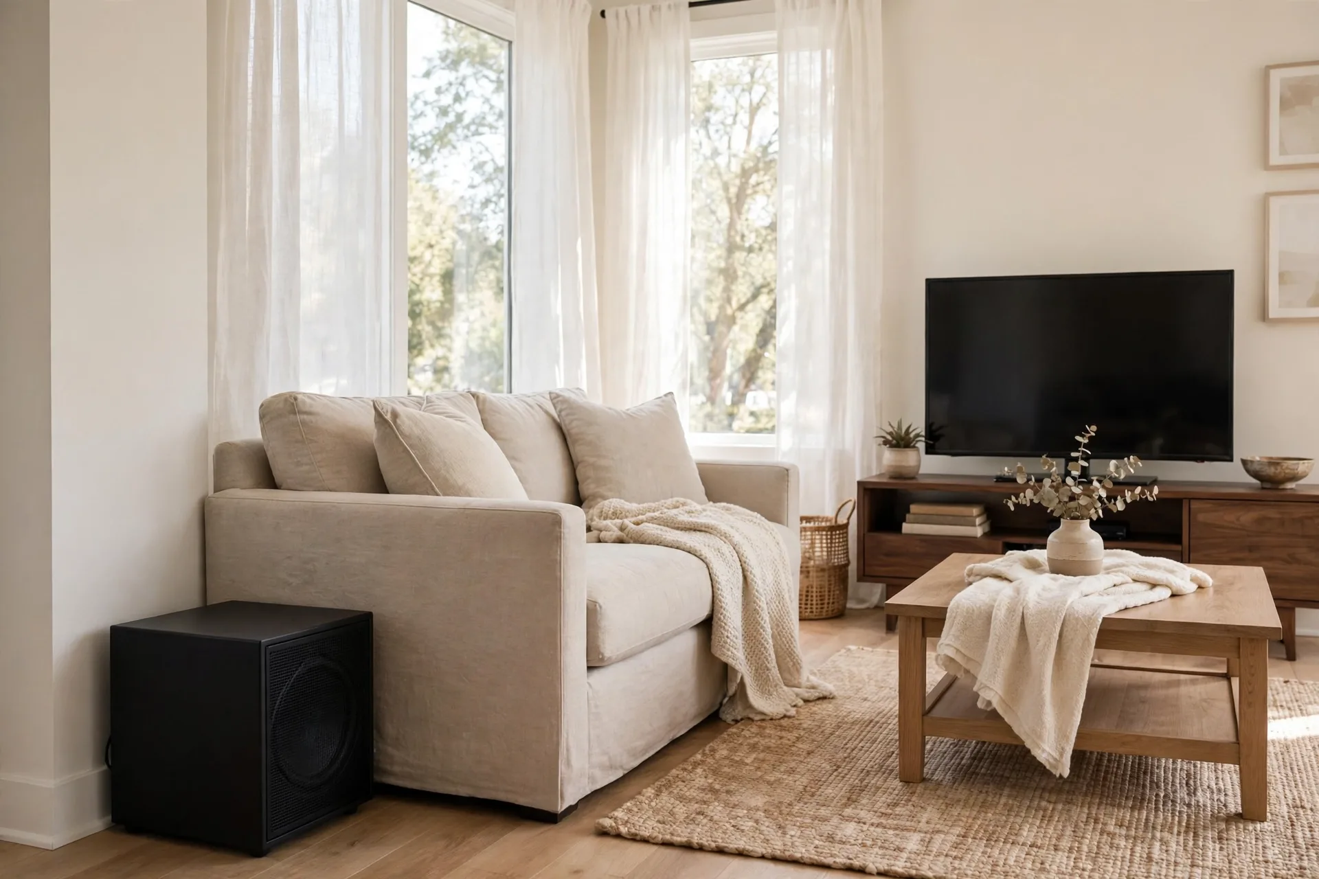 Soundbar with a wireless subwoofer beside a TV stand