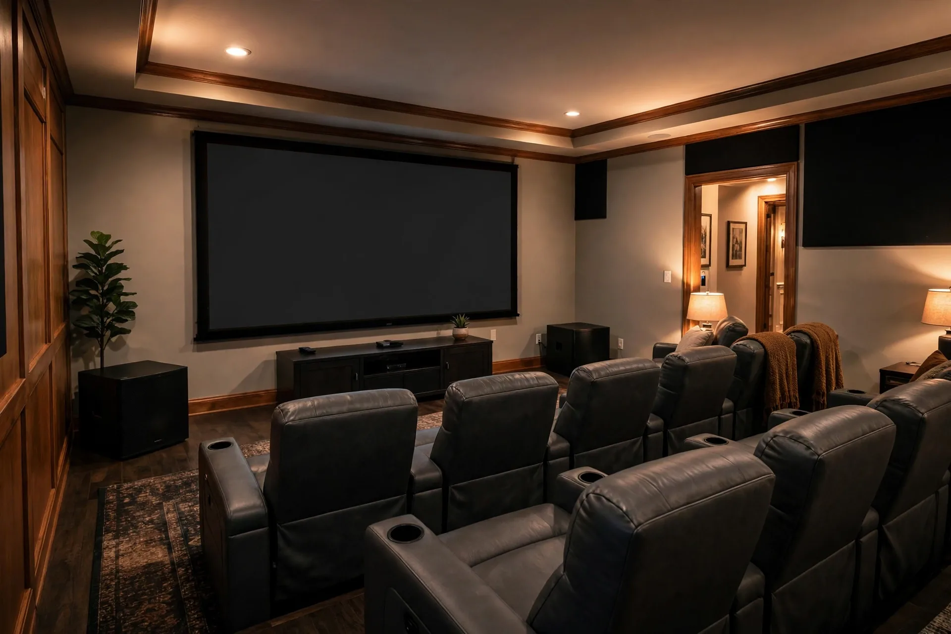 Two subwoofers in opposite corners of a home theater room