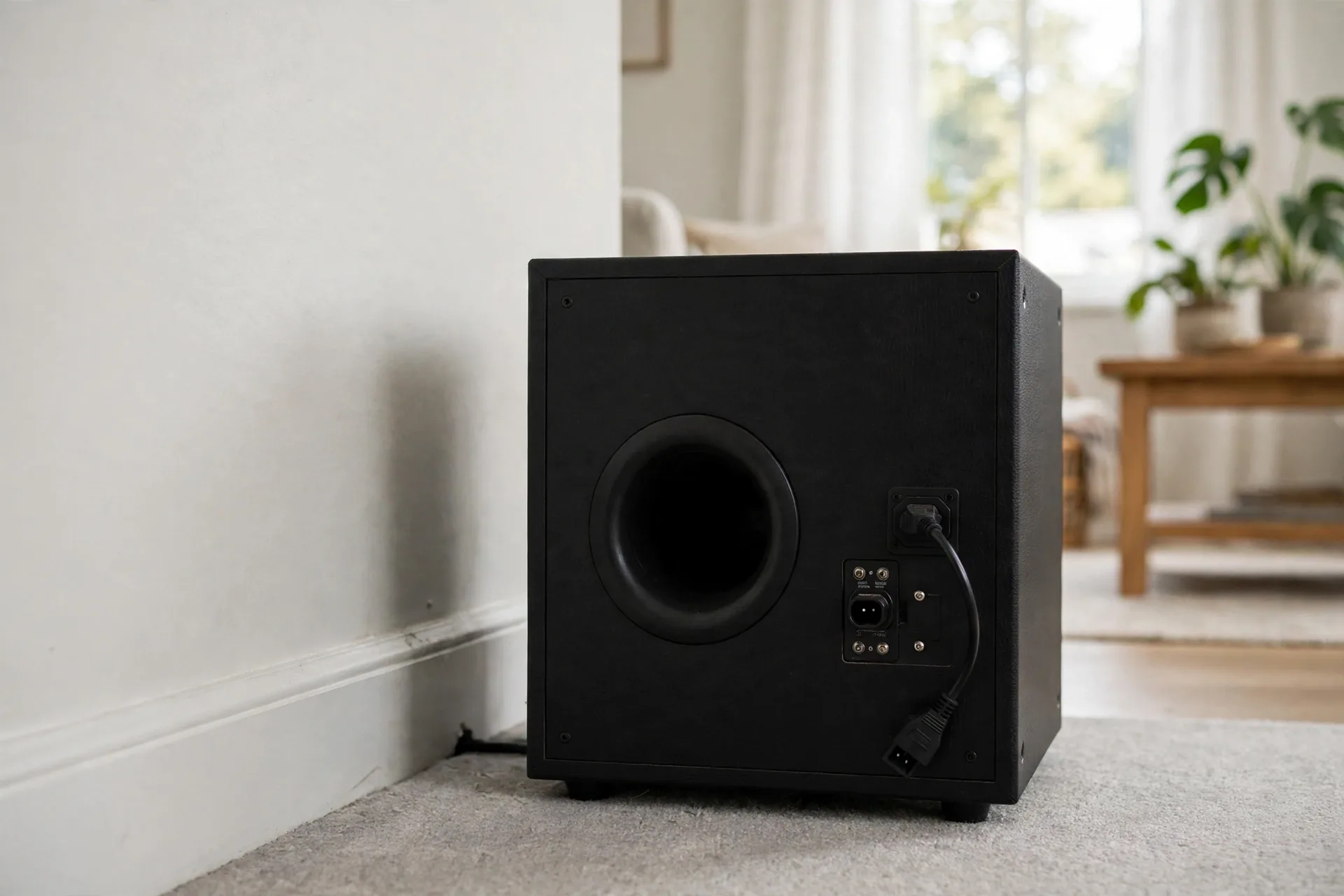 Rear port of a subwoofer with clearance from the wall