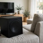 Subwoofer placed beside a TV stand in a living room home theater