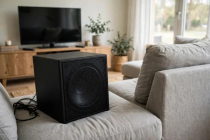 Subwoofer placed beside a TV stand in a living room home theater