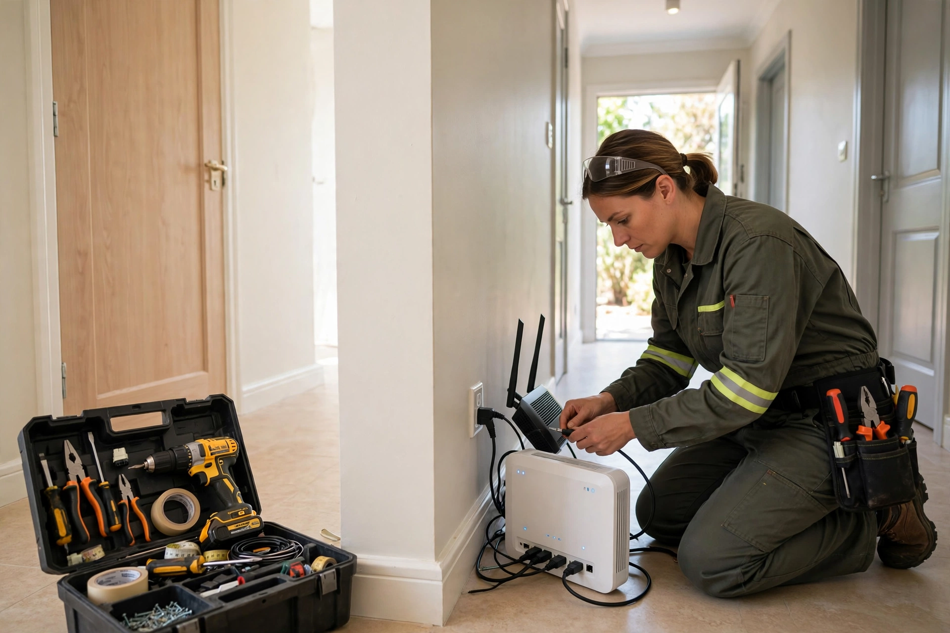 A technician installing a home internet modem and router near a wall socket