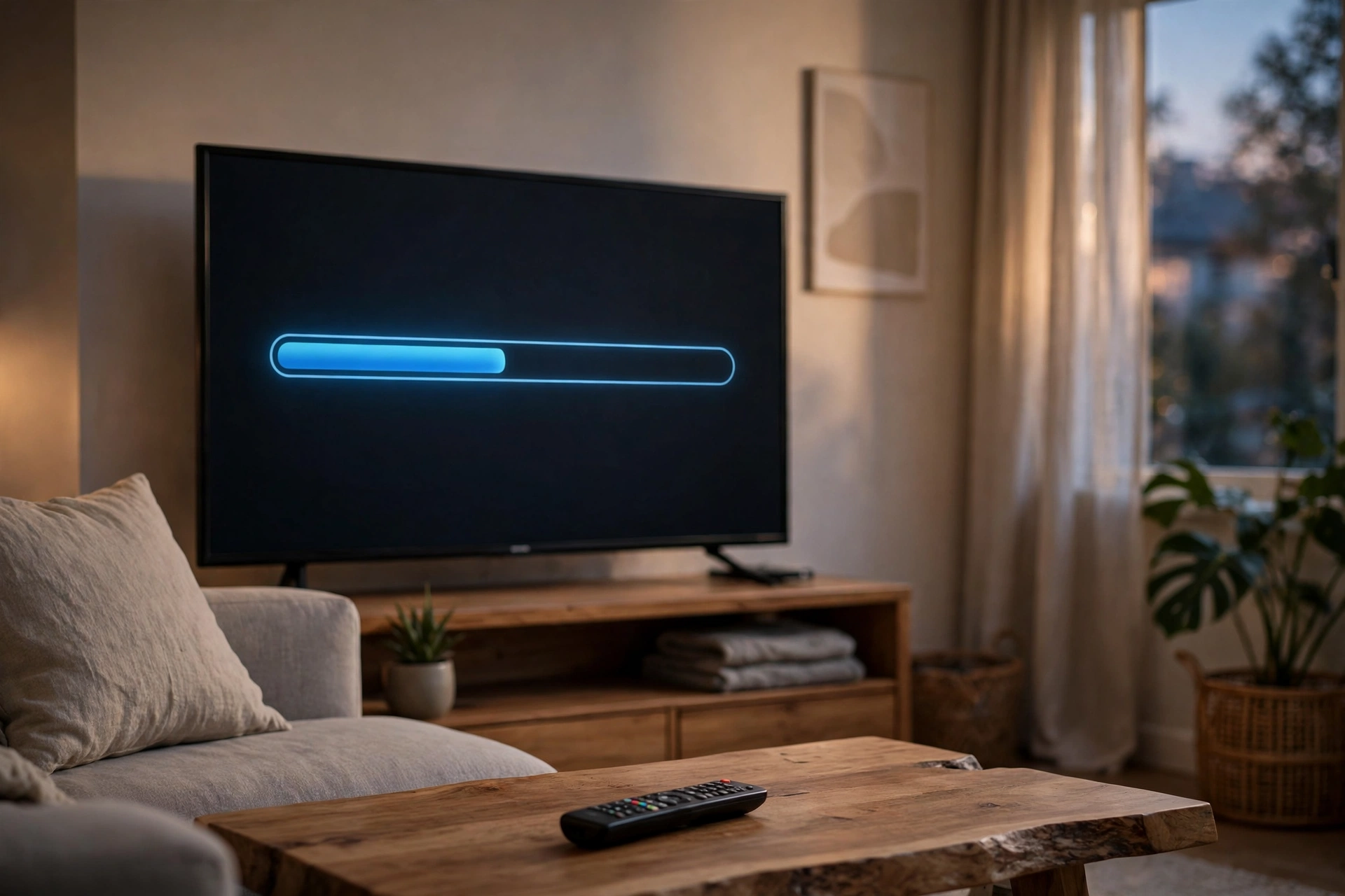 A TV showing channel tuning progress during a channel scan