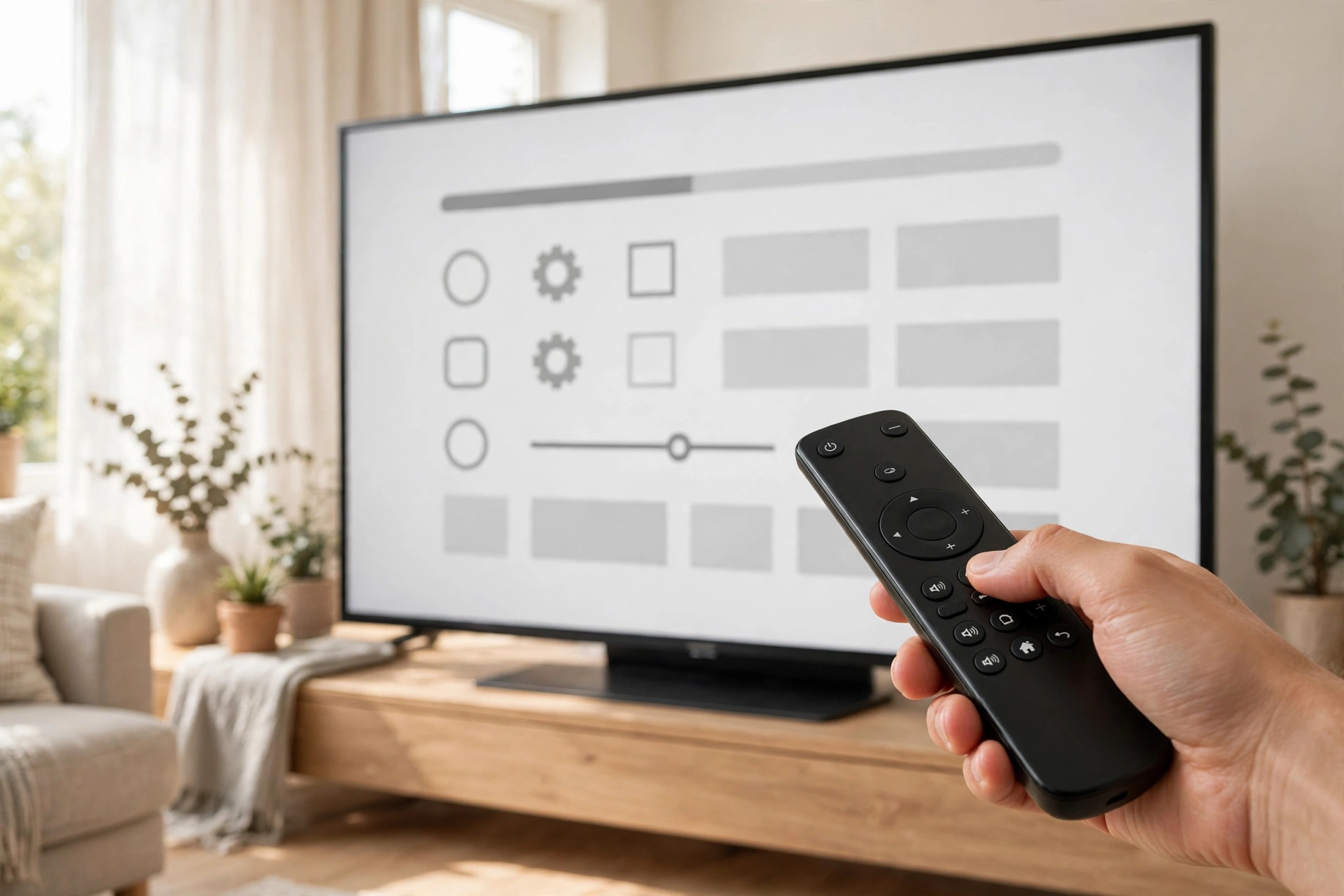 A hand holding a TV remote during first time smart TV setup on screen