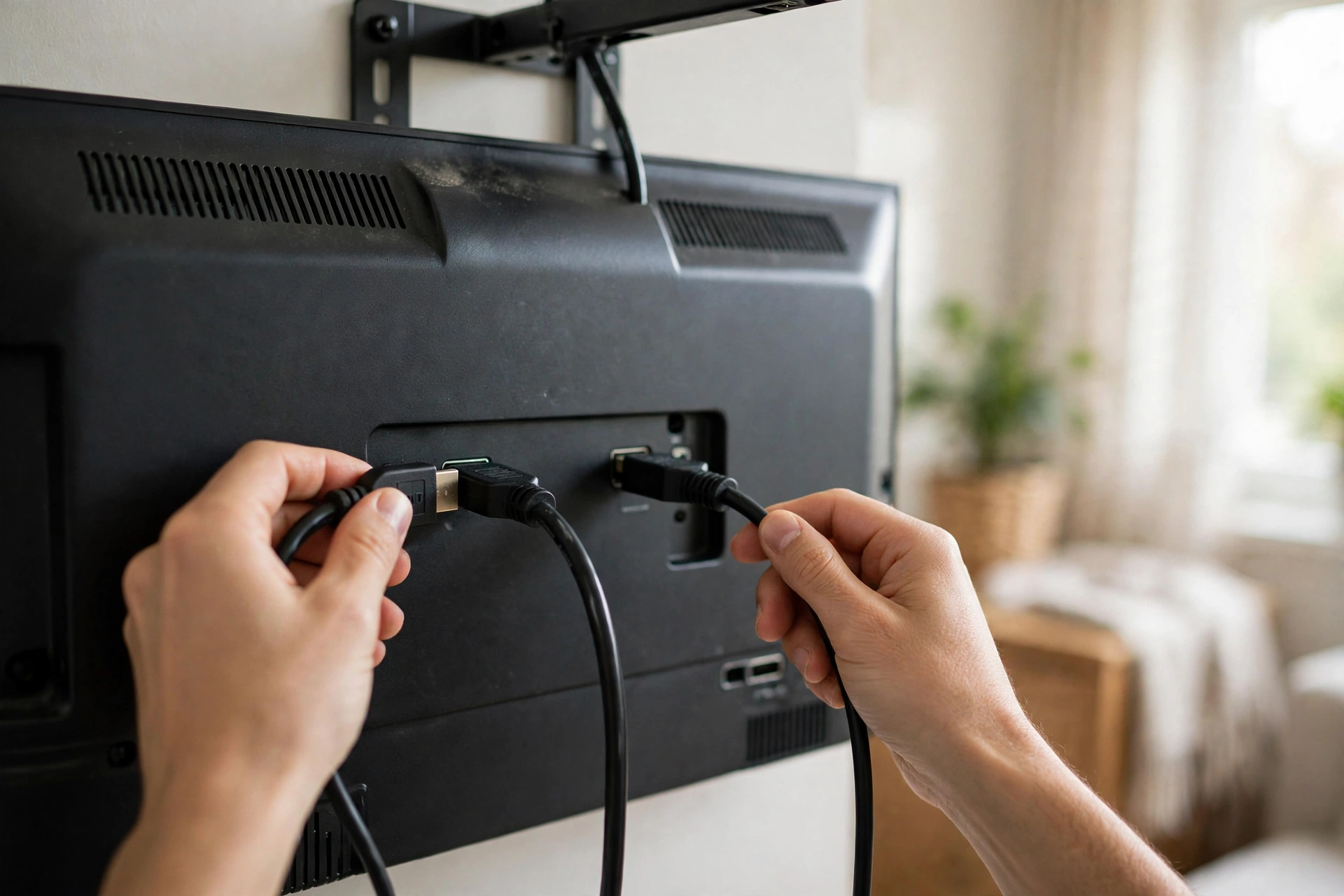 A person checking cables behind a smart TV during troubleshooting
