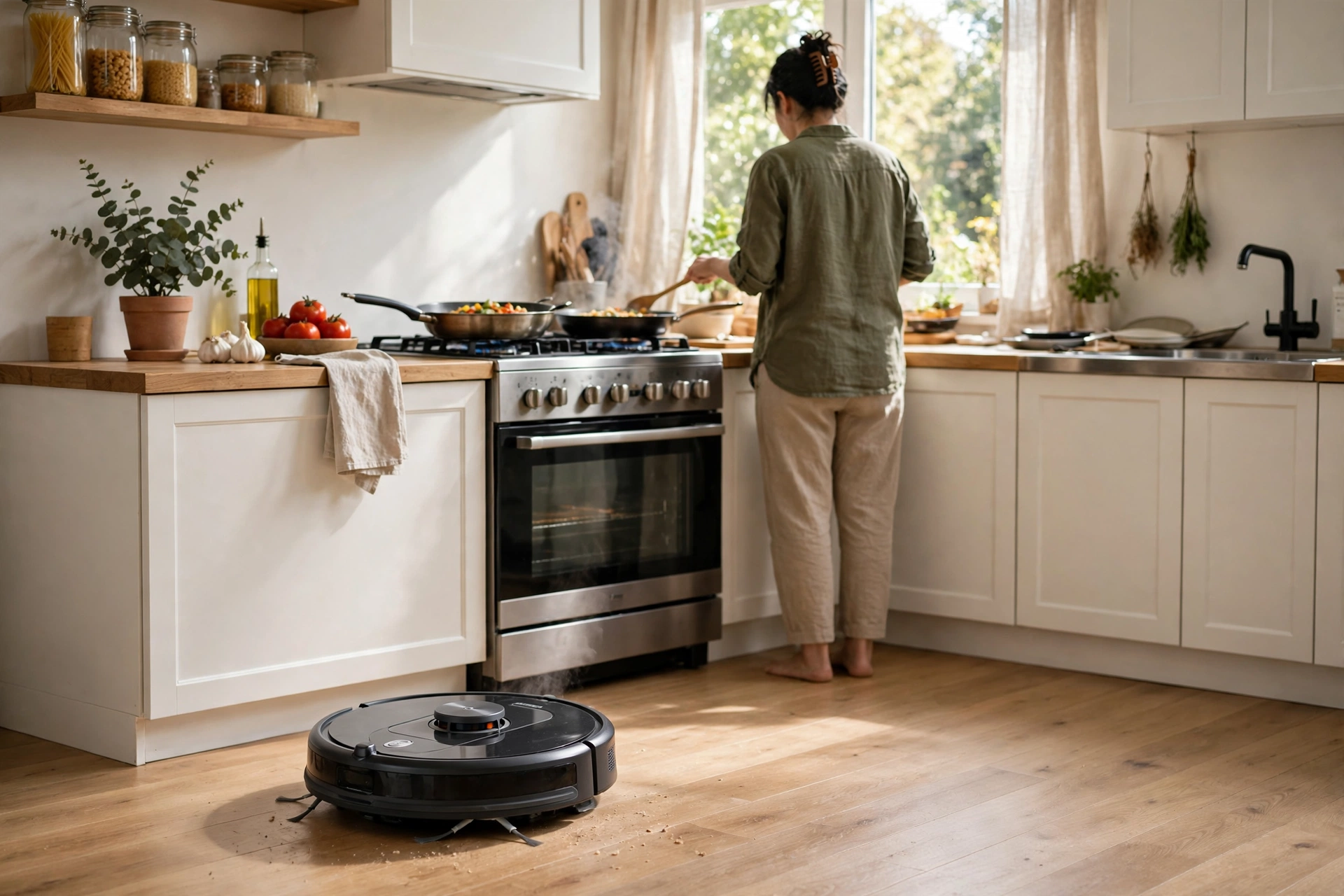 Wi fi connected robot vacuum cleaning a kitchen floor while a person cooks nearby