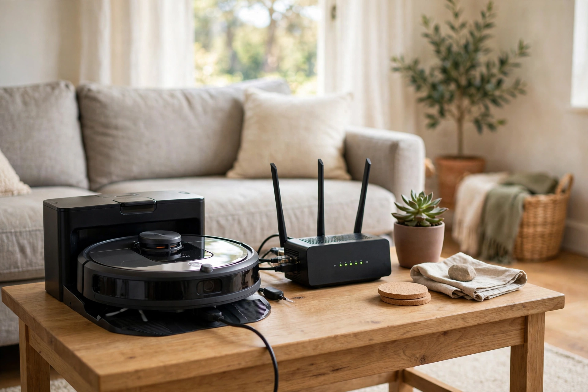 Wi fi connected robot vacuum docked beside a home Wi-Fi router on a side table