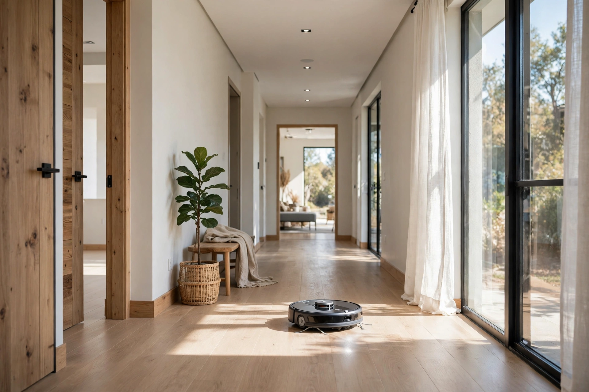 Wi fi connected robot vacuum cleaning a hallway floor in a modern home