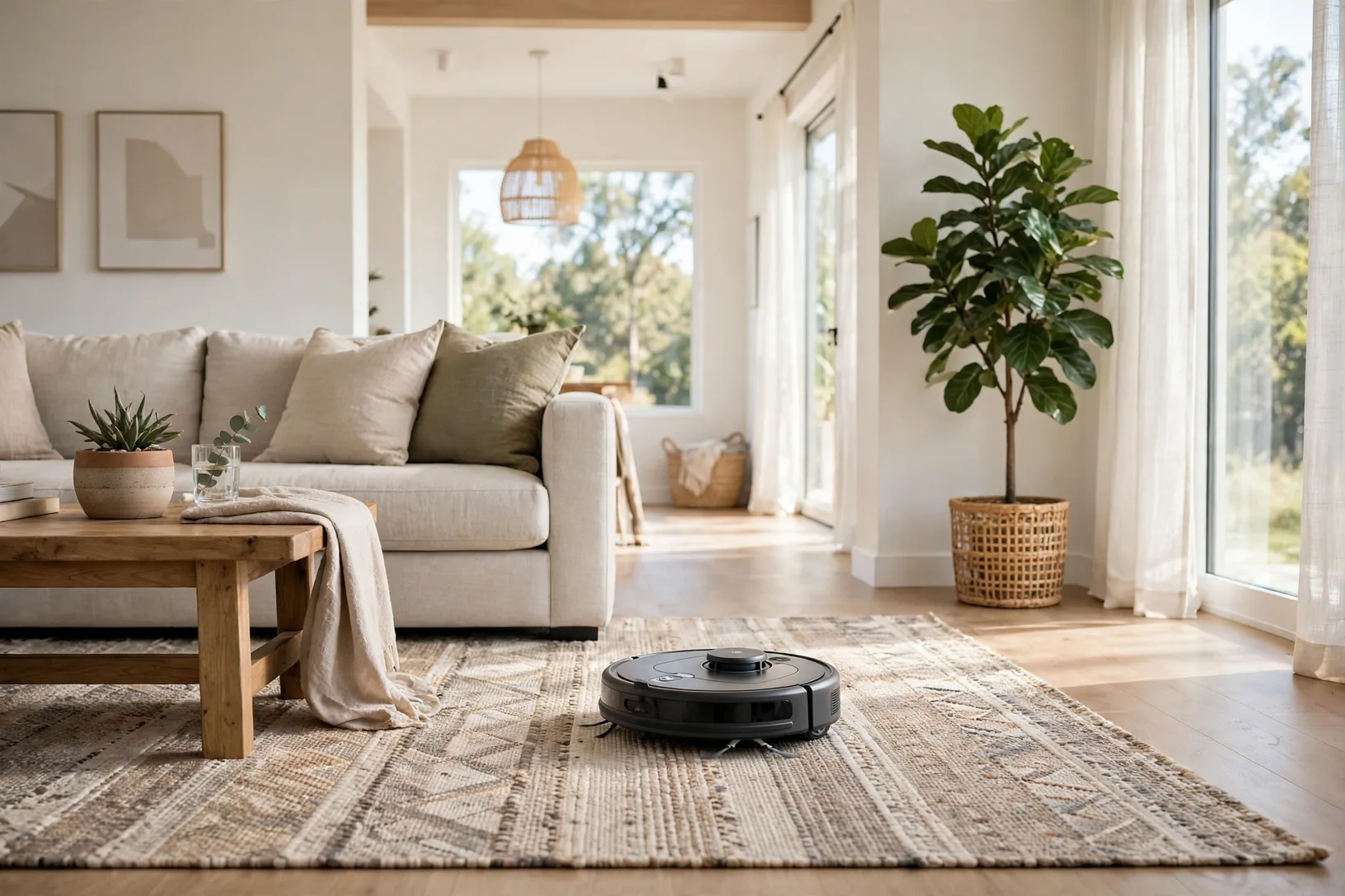 Wi fi connected robot vacuum cleaning a living room rug in a bright home