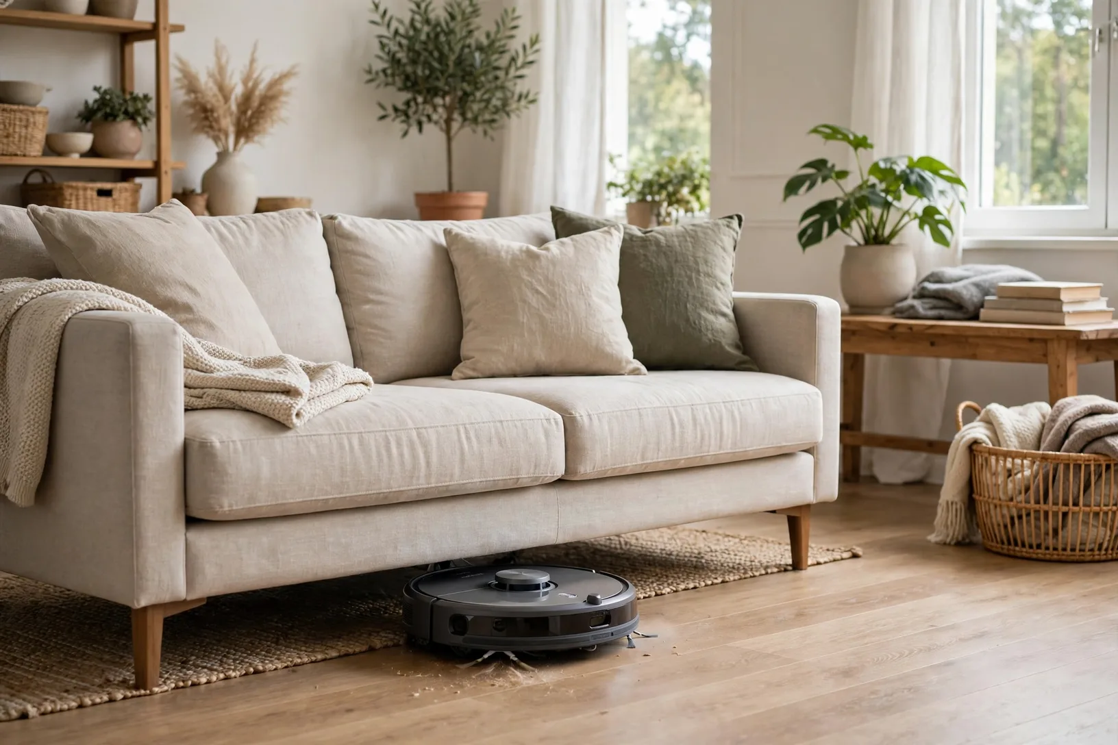 Wi fi connected robot vacuum cleaning under a sofa in a tidy living room
