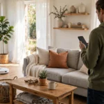 Wi fi connected robot vacuum cleaning while controlled from a phone in a living room