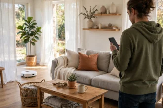Wi fi connected robot vacuum cleaning while controlled from a phone in a living room