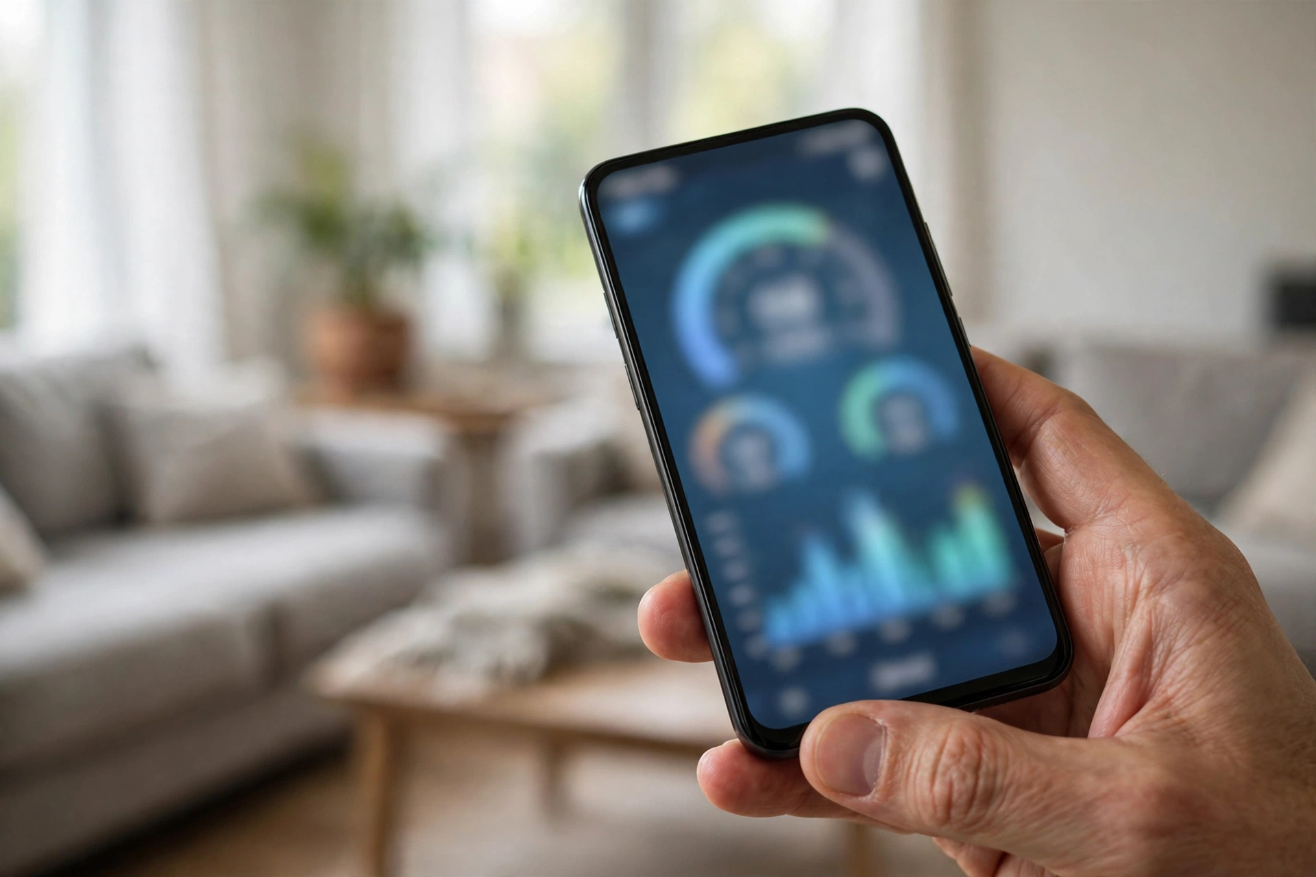 A phone running a WiFi speed test in a living room